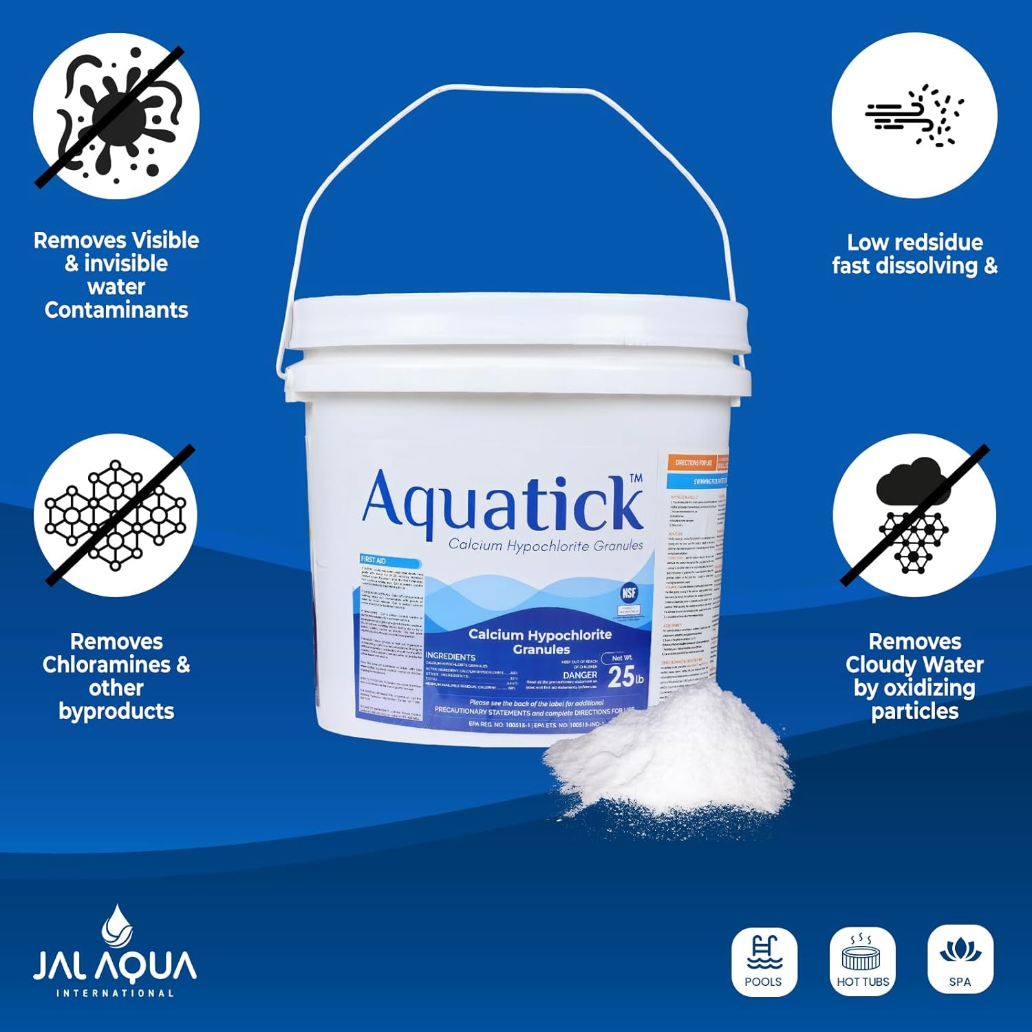 AquaTick® Pool Shock – 68% Calcium Hypochlorite – 25 LB Pail